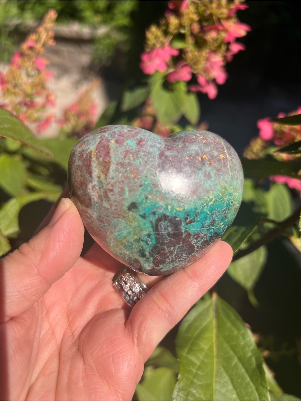 Chrysocolla (1) with malachite and cuprite heart with stand | crystal